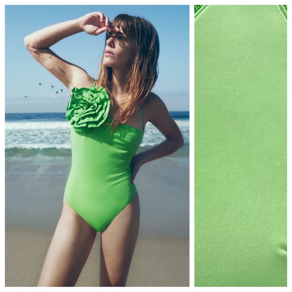 NWT. Zara Green Asymmetrical Floral Detail Swimsuit. Size L.